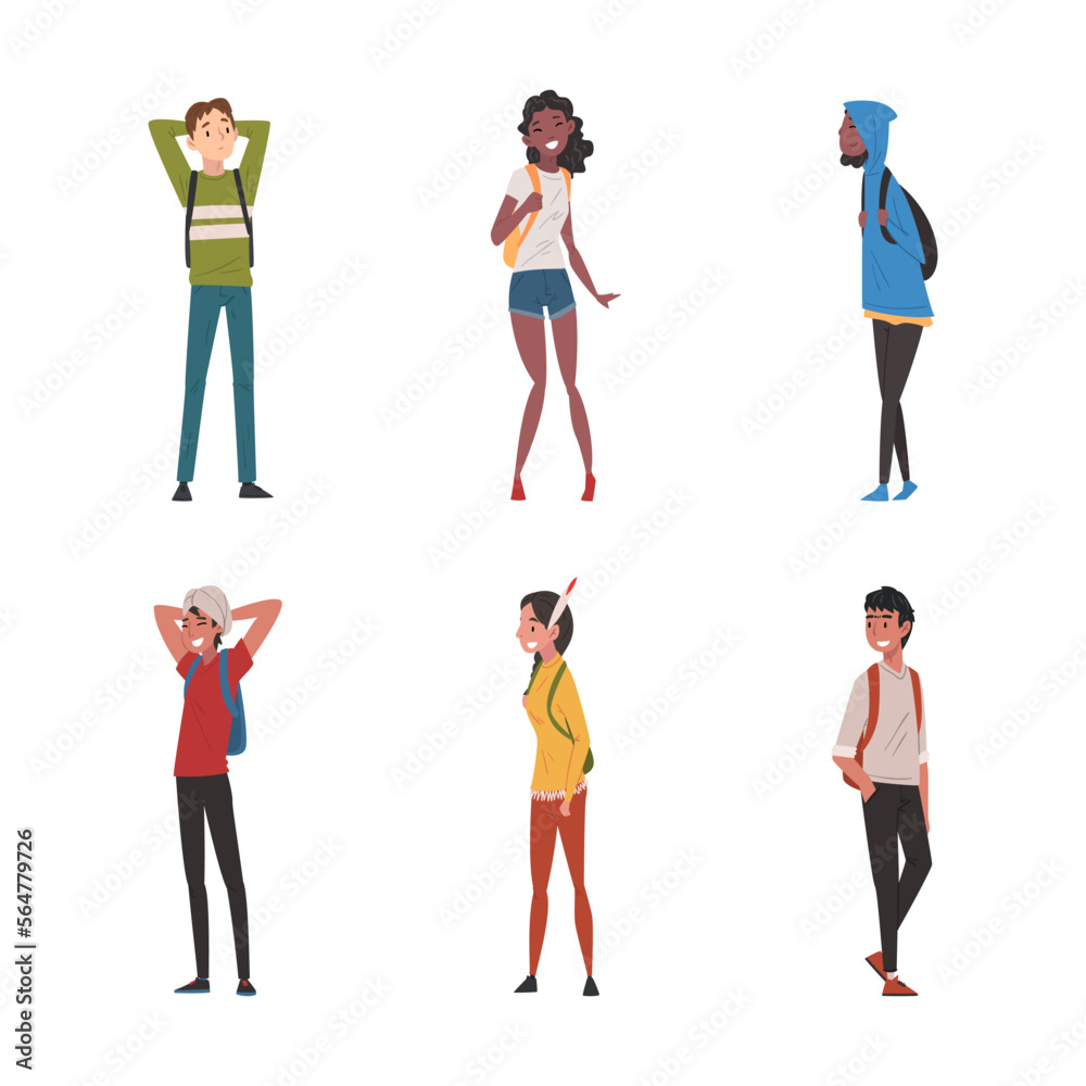 Fototapeta premium Diverse International College or University Students with Backpacks Vector Set