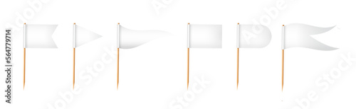 Toothpick flags. Wooden toothpicks with white paper flag. Location mark, map pointer. Vector