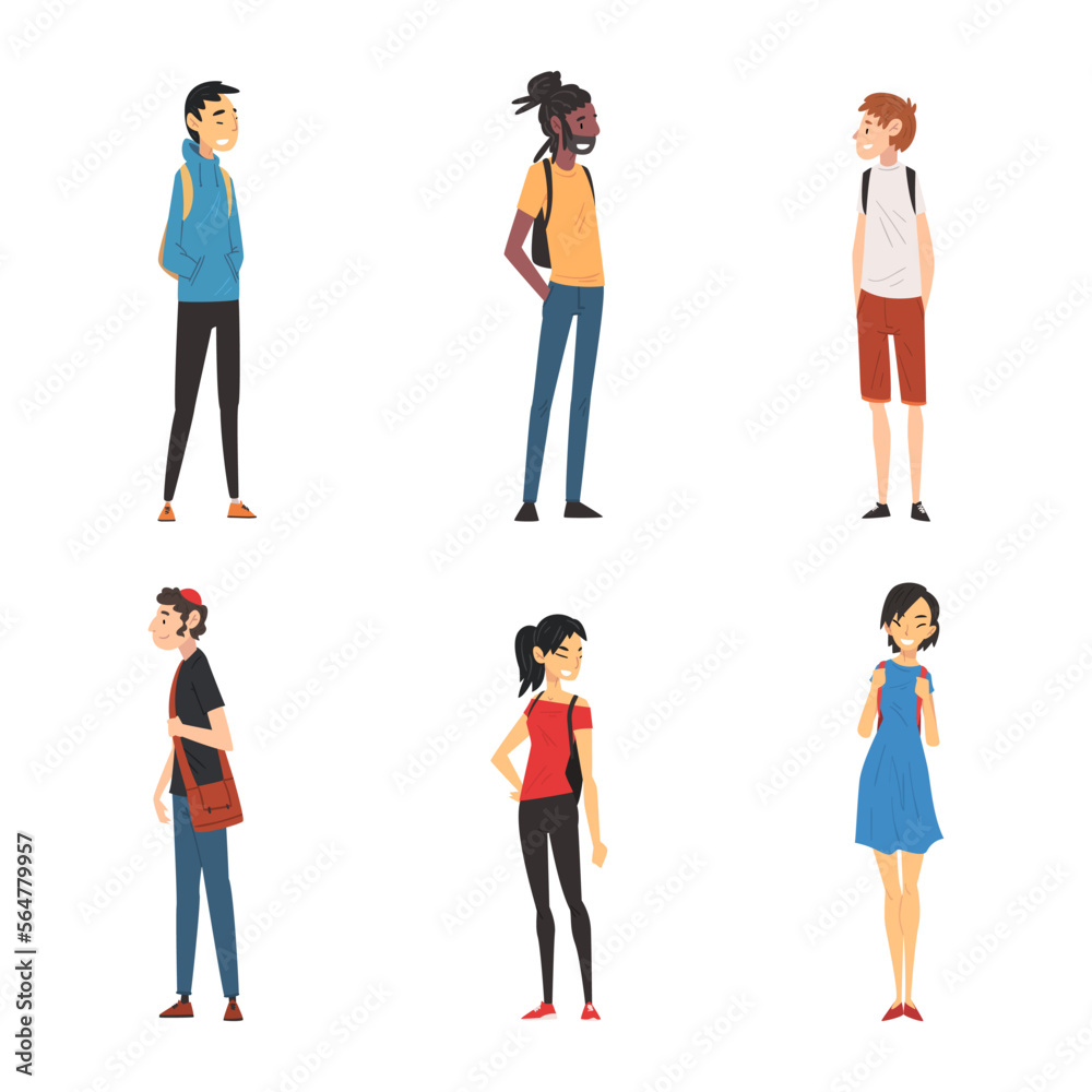 Diverse International College or University Students with Backpacks Vector Set Diverse International College or University Students with Backpacks Vector Set