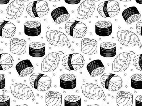 Japanese food seamless pattern. Fresh sushi on white background. Asian Sushi Different types. Repeated linear sketch vector illustration for wallpaper, textile, wrapping, scrapbooking. Asian cuisine