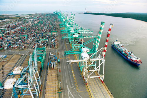A container terminal shipping port in Johor, Malaysia.