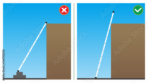 Safety do's and dont's vector illustration. Unsafe work condition and act. Straight ladder usage for access.
