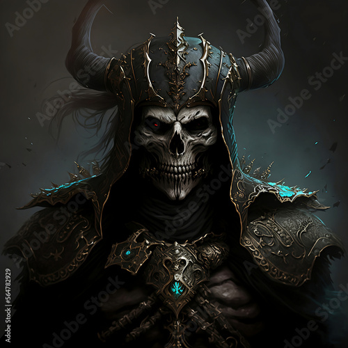 An warrior viking evil lich, wearing golden armor, bloodthirsty gaze, Generative AI