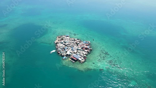 Santa Cruz del Islote Artifical Island in Columbia Ocean Caribbean, Aerial Drone View photo
