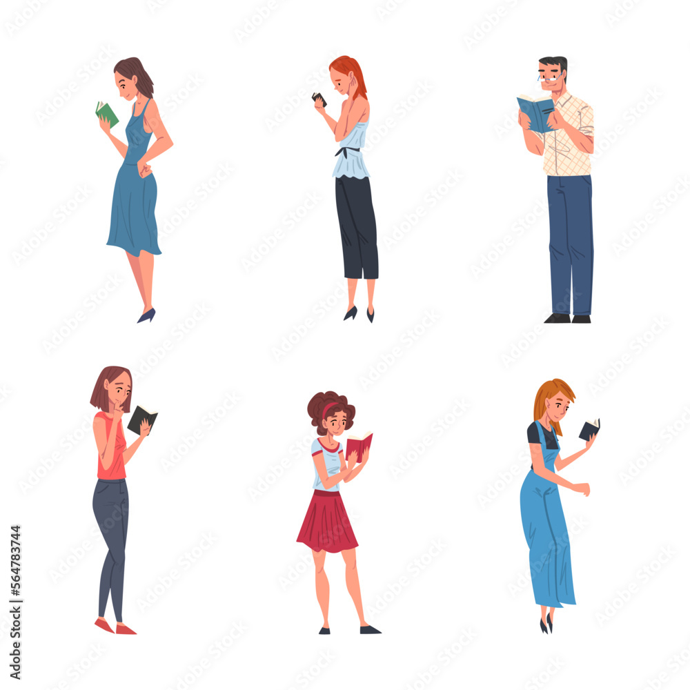 People Characters Standing and Reading Book Vector Set People Characters Standing and Reading Book Vector Set