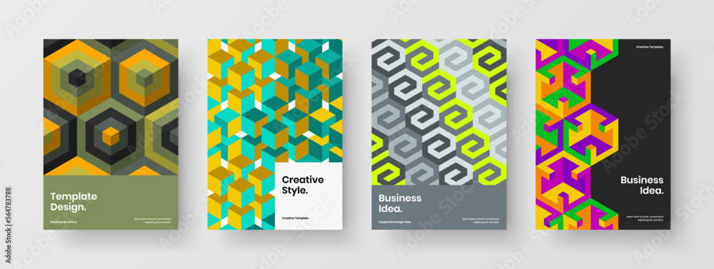 Modern placard design vector concept composition. Bright geometric hexagons cover template set.