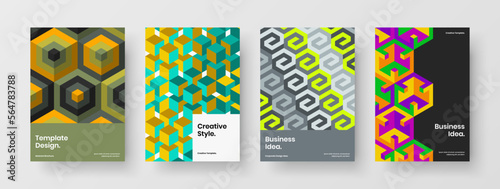 Modern placard design vector concept composition. Bright geometric hexagons cover template set.