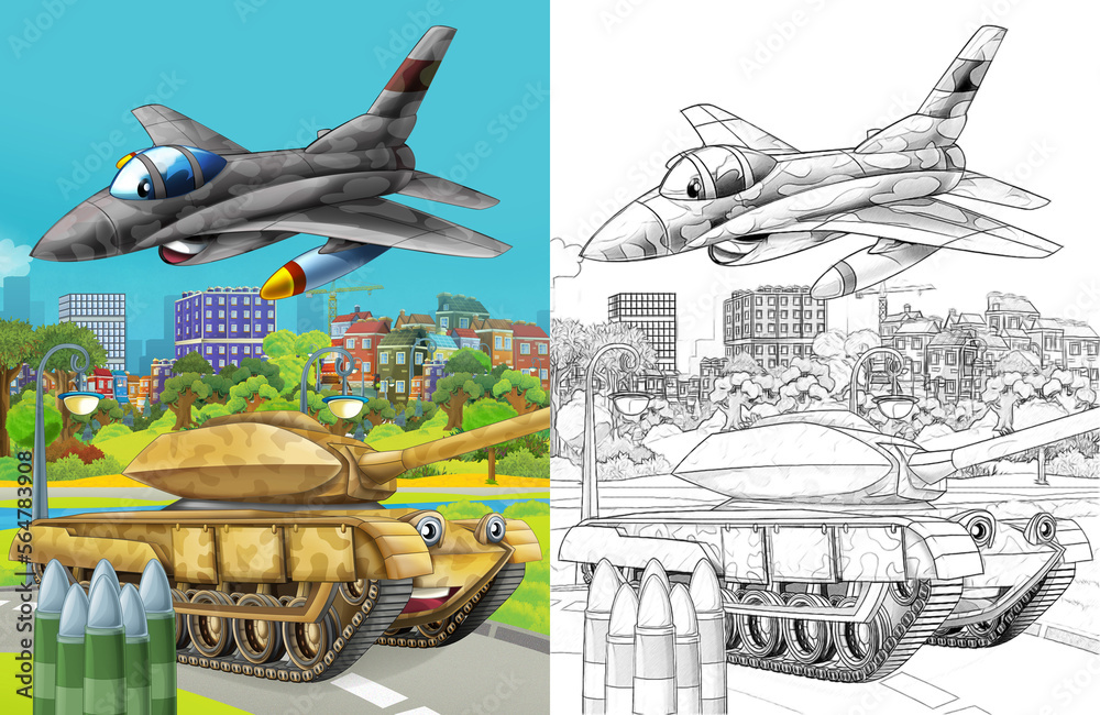 cartoon scene with military army different duty vehicles on the road with sketch  illustration for children