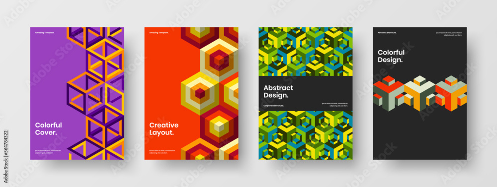 Unique geometric pattern placard illustration collection. Minimalistic magazine cover A4 design vector concept set.