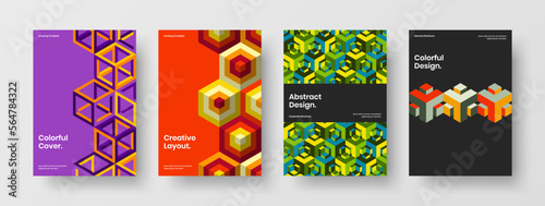 Unique geometric pattern placard illustration collection. Minimalistic magazine cover A4 design vector concept set.