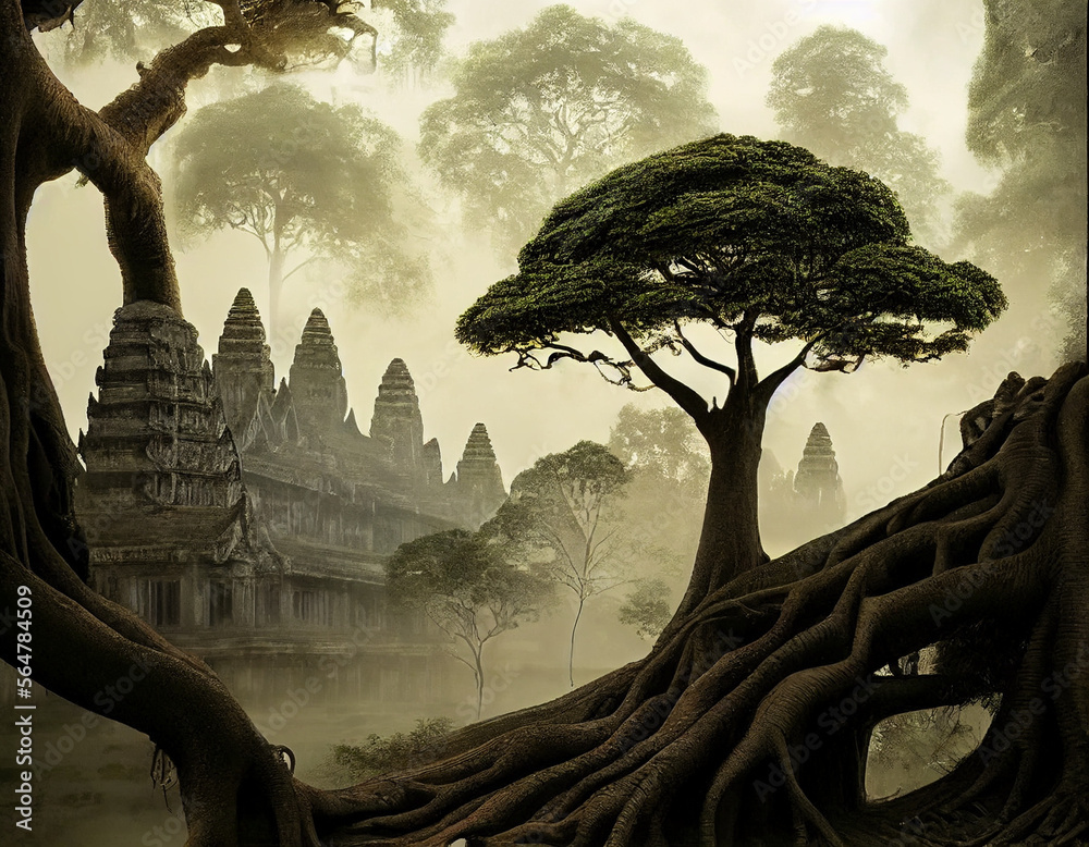 Angkor in the old forest between huge trees with roots, Generative AI