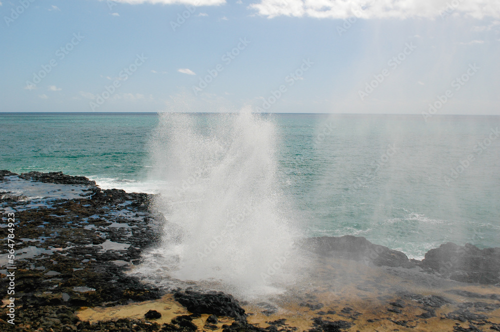 ocean, Hawaii, waves, spray, crashing, rocky, beach, kauai