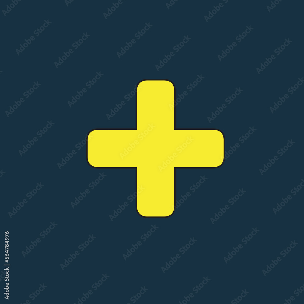 Fototapeta premium Yellow icon of a plus symbol on dark blue background. Basic mathematical symbol. Calculator button icon. Business finance concept in vector.