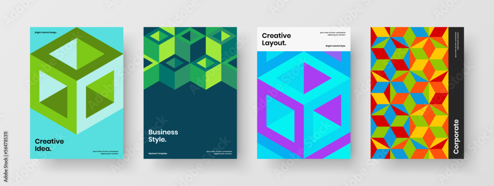 Multicolored booklet A4 design vector template composition. Colorful mosaic hexagons poster layout bundle.