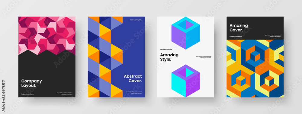 Vivid geometric hexagons corporate brochure layout collection. Trendy flyer A4 design vector template set.