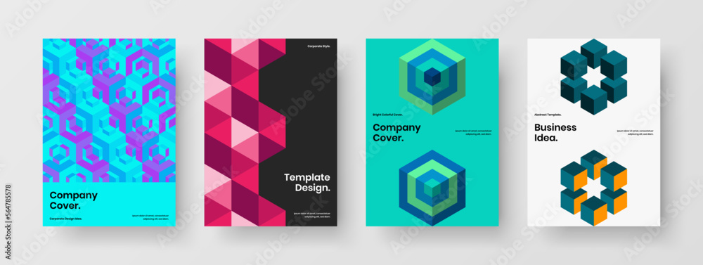 Unique pamphlet A4 design vector template collection. Isolated mosaic shapes annual report illustration bundle.