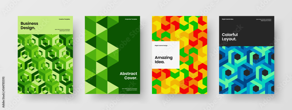 Abstract mosaic shapes leaflet illustration set. Vivid brochure design vector layout composition.