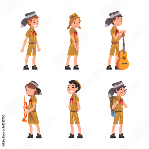 Little Boy and Girl Scout in Uniform Engaged in Adventure Vector Set