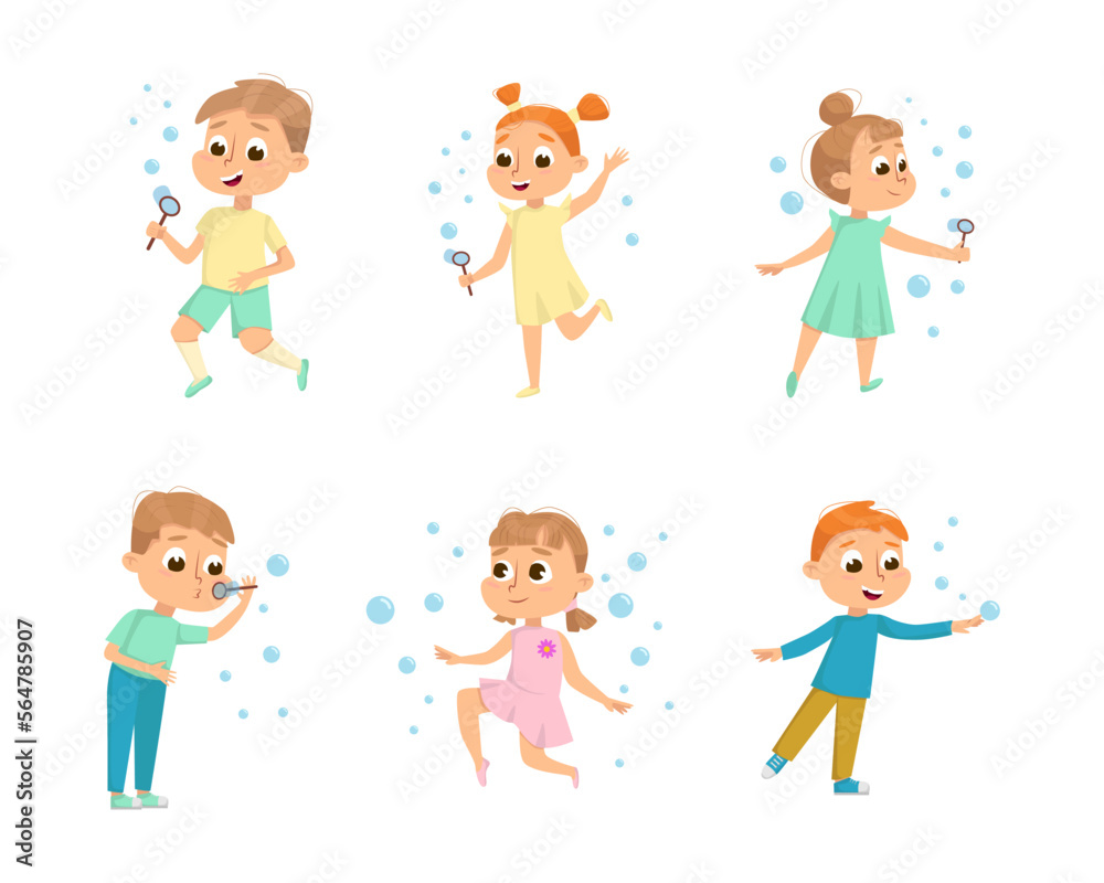 Cute Boys and Girls Blowing Soap Bubbles Having Fun Vector Set