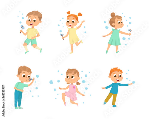 Cute Boys and Girls Blowing Soap Bubbles Having Fun Vector Set
