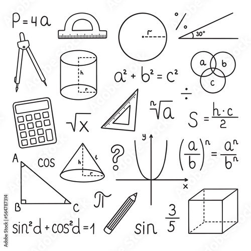 Mathematics doodle set. Education and study concept. School equipment, maths formulas in sketch style. Hand drawn ector illustration isolated on white background