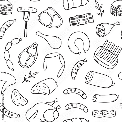 Seamless pattern of meat doodle. Sausages, steaks, ribs, pork, beef in sketch style. Hand drawn vector illustration