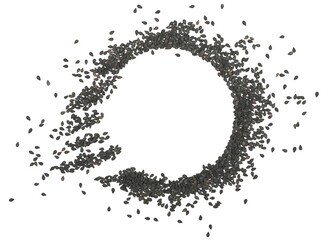 Round black organic sesame seeds isolated on white background, top view