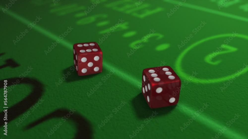 Pair of dice thrown onto a craps or crapaud table with glittering poker machines in a casino background - craps throws - translucent red dice throw of a pair of sixes Pair of dice thrown onto a craps or crapaud table with glittering poker machines in a casino background - craps throws - translucent red dice throw of a pair of sixes