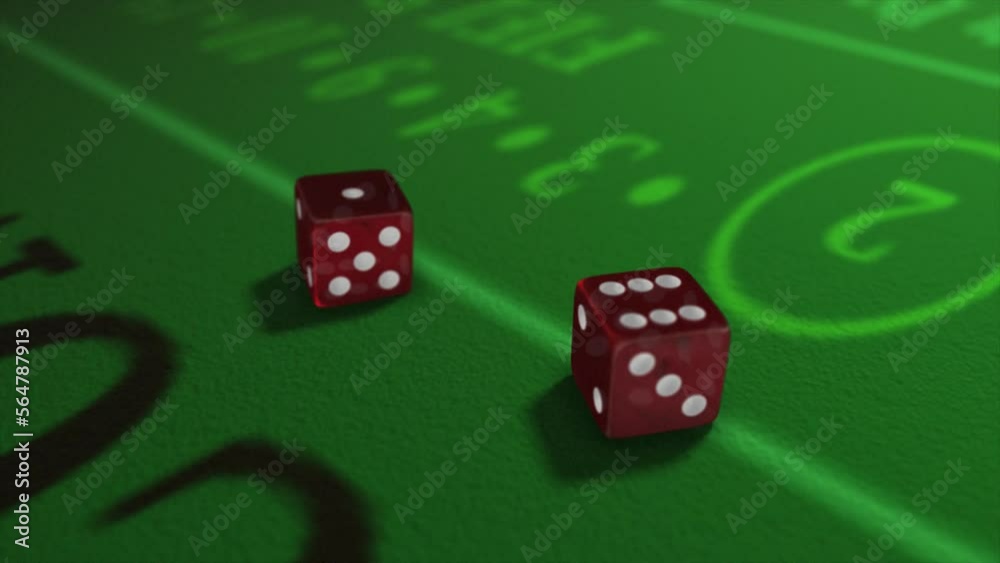 Pair of dice thrown onto a craps or crapaud table with glittering poker machines in a casino background - craps throws - translucent red dice throw of six and one - seven Pair of dice thrown onto a craps or crapaud table with glittering poker machines in a casino background - craps throws - translucent red dice throw of six and one - seven