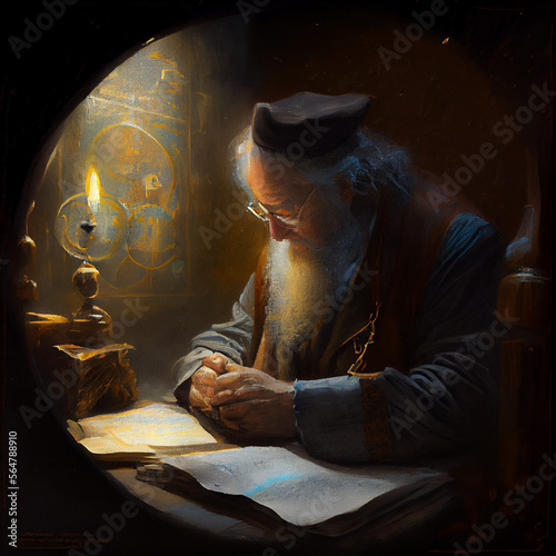 elderly Jewish scholar studying the talmud (generative ai content) photo