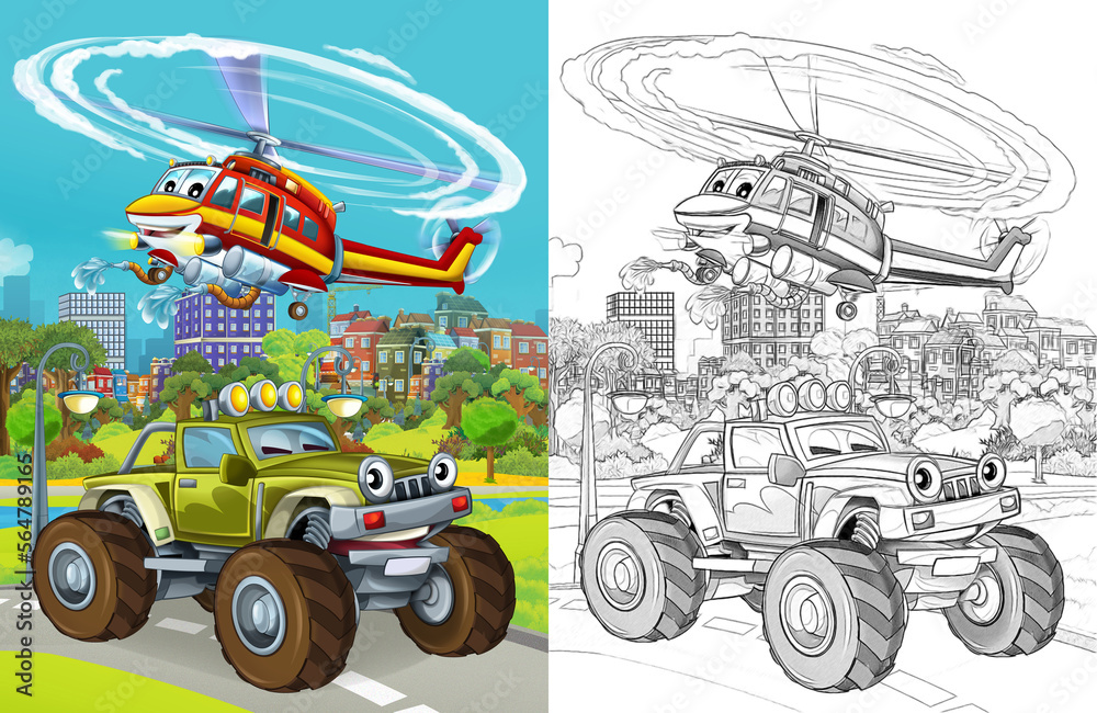 Fototapeta premium cartoon scene with military army different duty vehicles on the road with sketch illustration for children