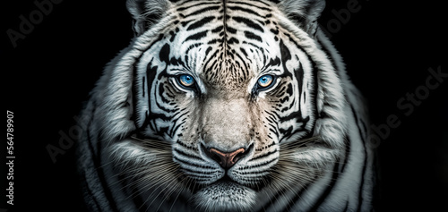 Closeup head of White tiger on black background. Wildlife animal. digital art, generative ai 