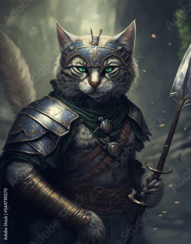 A cat dressed in medieval armor is ready for battle, his expression determined and gaze steady. He is small but brave, ready to face any challenge with his armor.