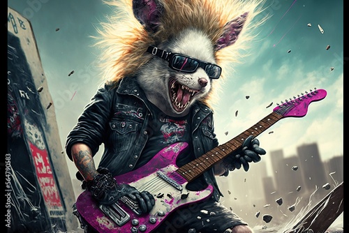 Crazy punk rocker easter bunny with giatar and snowbo, created with Generative AI technology photo