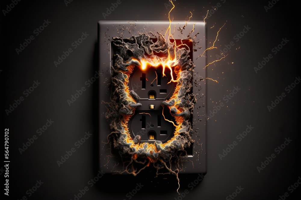 Electrical socket with sparks, concept of short circuit, created with Generative AI technology - obrazy, fototapety, plakaty 