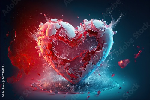 Exploding heart made of ice red background, created with Generative AI technology