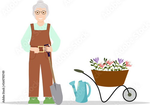 Grandmother with a trolley and flowers. Cleaning and planting flowers in the spring garden. Vector illustration isolated. Template for flyers, shops, brochures and covers, advertising, social networks