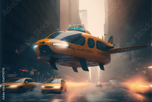 Flying taxi in city traffic, created with Generative AI technology