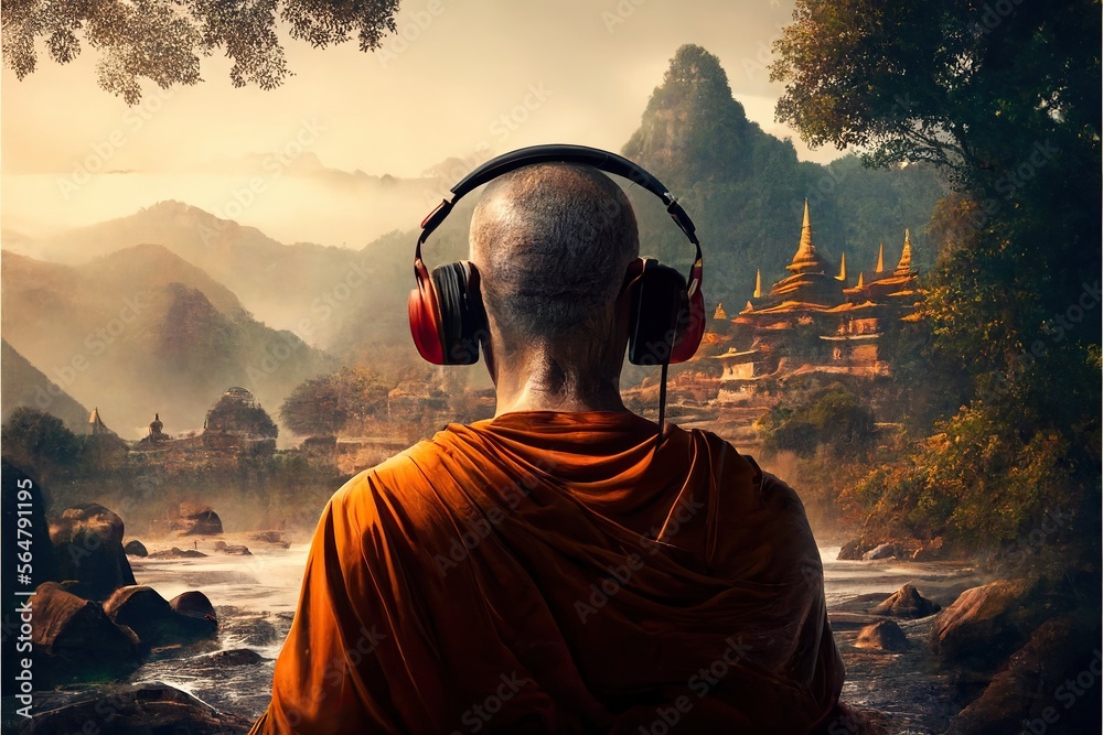 Rear view of buddhist monk listening to music with headphones, concept of modern calmness and tranquility, created with Generative AI technology - obrazy, fototapety, plakaty 