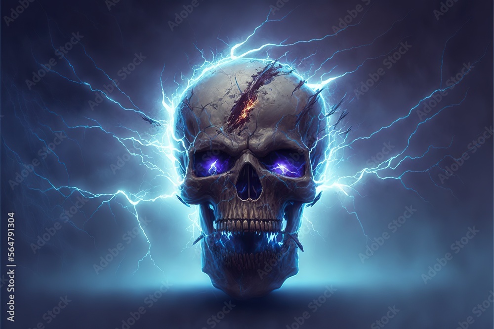 Skull striked by lightning, concept of migraine, headache, created with Generative AI technology Skull striked by lightning, concept of migraine, headache, created with Generative AI technology