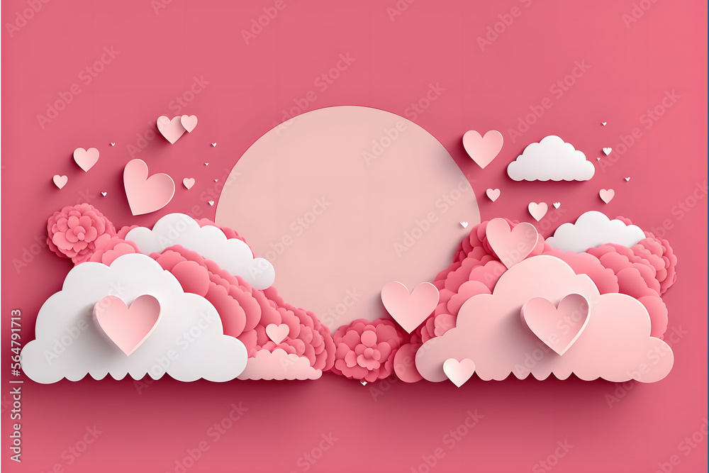 pink sky and paper cut clouds. Place for text. Happy Valentine's day ...