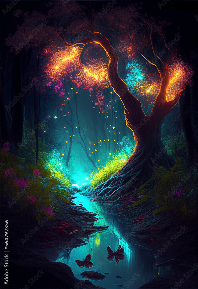 Ai generated. Magic nature glowing in the dark. Mysterious enchanted forest concept at night. Butterflies fly down the river around the tree full of fireflies. Bioluminescent river bank.