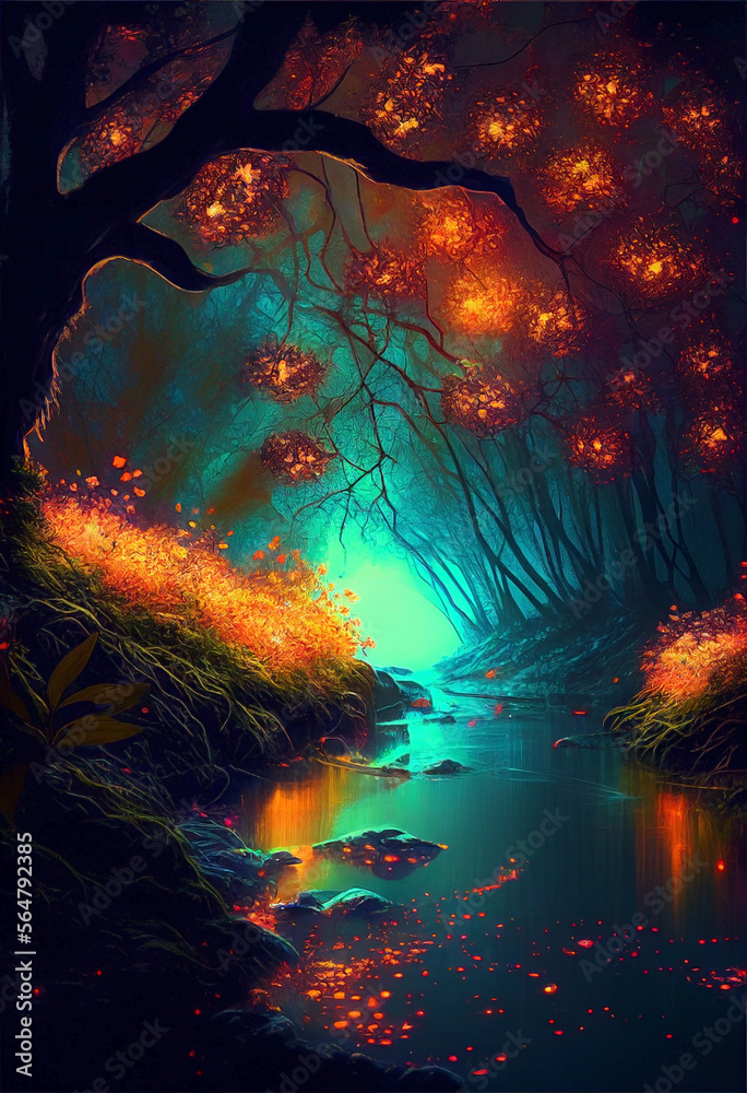 Ai generated. Magic nature glowing in the dark. Mysterious enchanted forest concept at night. The branches of the trees are burning without bright fireflies over the river. Ai generated. Magic nature glowing in the dark. Mysterious enchanted forest concept at night. The branches of the trees are burning without bright fireflies over the river.