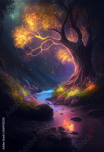Ai generated. Magic nature glowing in the dark. Mysterious enchanted forest concept at night. Forked river path with a large tree full of fireflies.