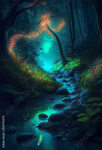 Ai generated. Magic nature glowing in the dark. Mysterious enchanted forest concept at night. River path with boulders on the shore and plants glowing with bioluminescence.