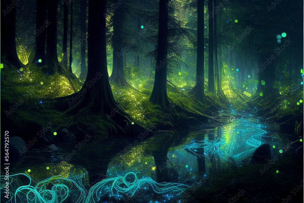 Ai generated. Magic nature glowing in the dark. Mysterious enchanted forest concept at night. Branches with glowing fireflies are reflected on the mirror-like river water.