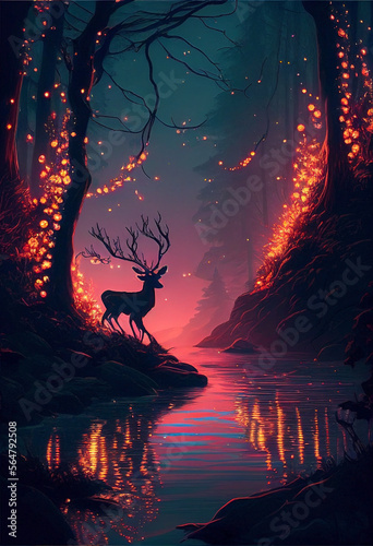 Ai generated. Magic nature glowing in the dark. Mysterious enchanted forest concept at night. Silhouette of a male deer with big antlers in danger in the river looking for refuge. The trees burning.