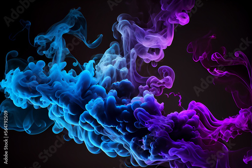 Neon blue and purple multicolored smoke puff cloud design elements on a dark background. Generative ai
