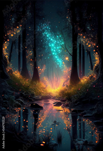 Ai generated. Magic nature glowing in the dark. Mysterious enchanted forest concept at night. Sunrise full of fireflies.