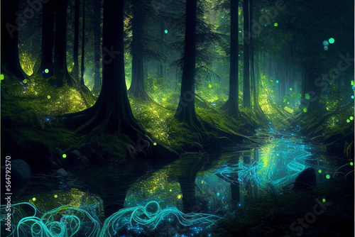Ai generated. Magic nature glowing in the dark. Mysterious enchanted forest concept at night. Branches with glowing fireflies are reflected on the mirror-like river water. © Cala Serrano